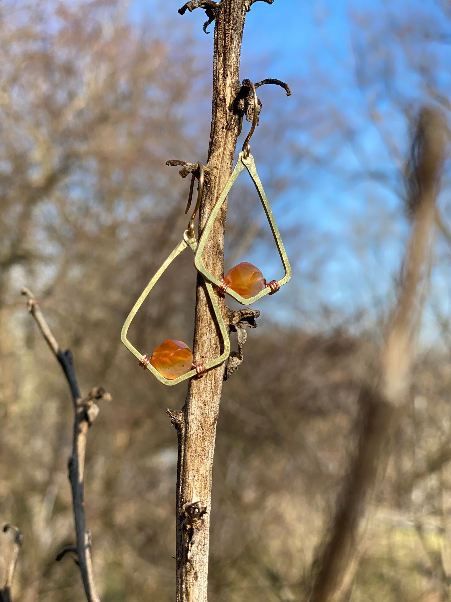 brass and sunstone geometric earrings