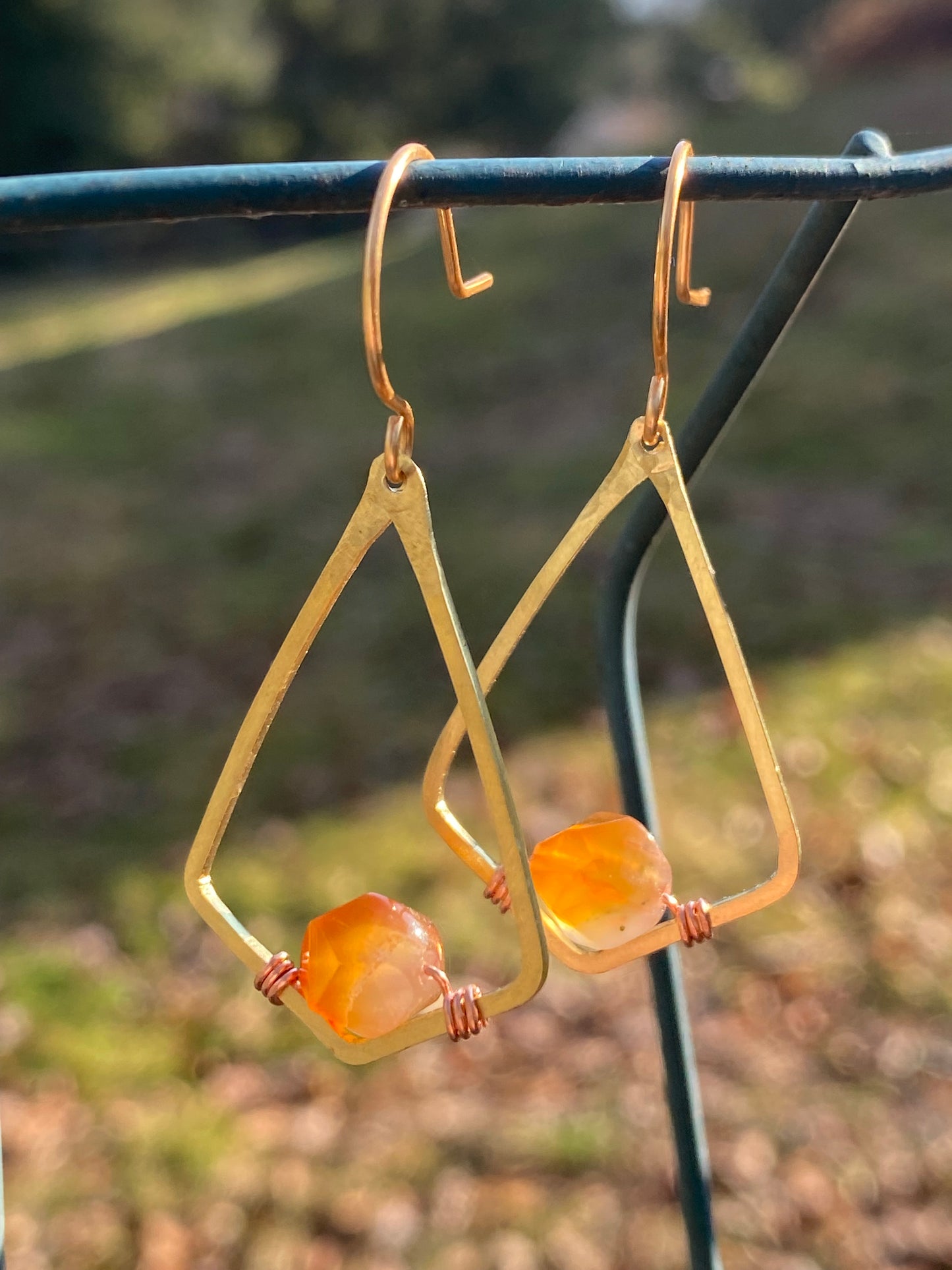 brass and sunstone geometric earrings