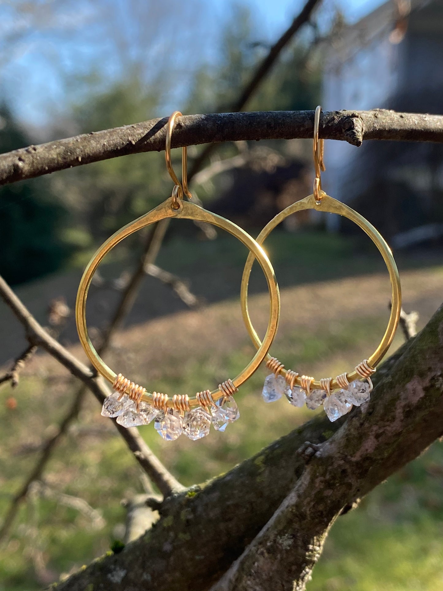 hammered brass hoops with Herkimer diamonds