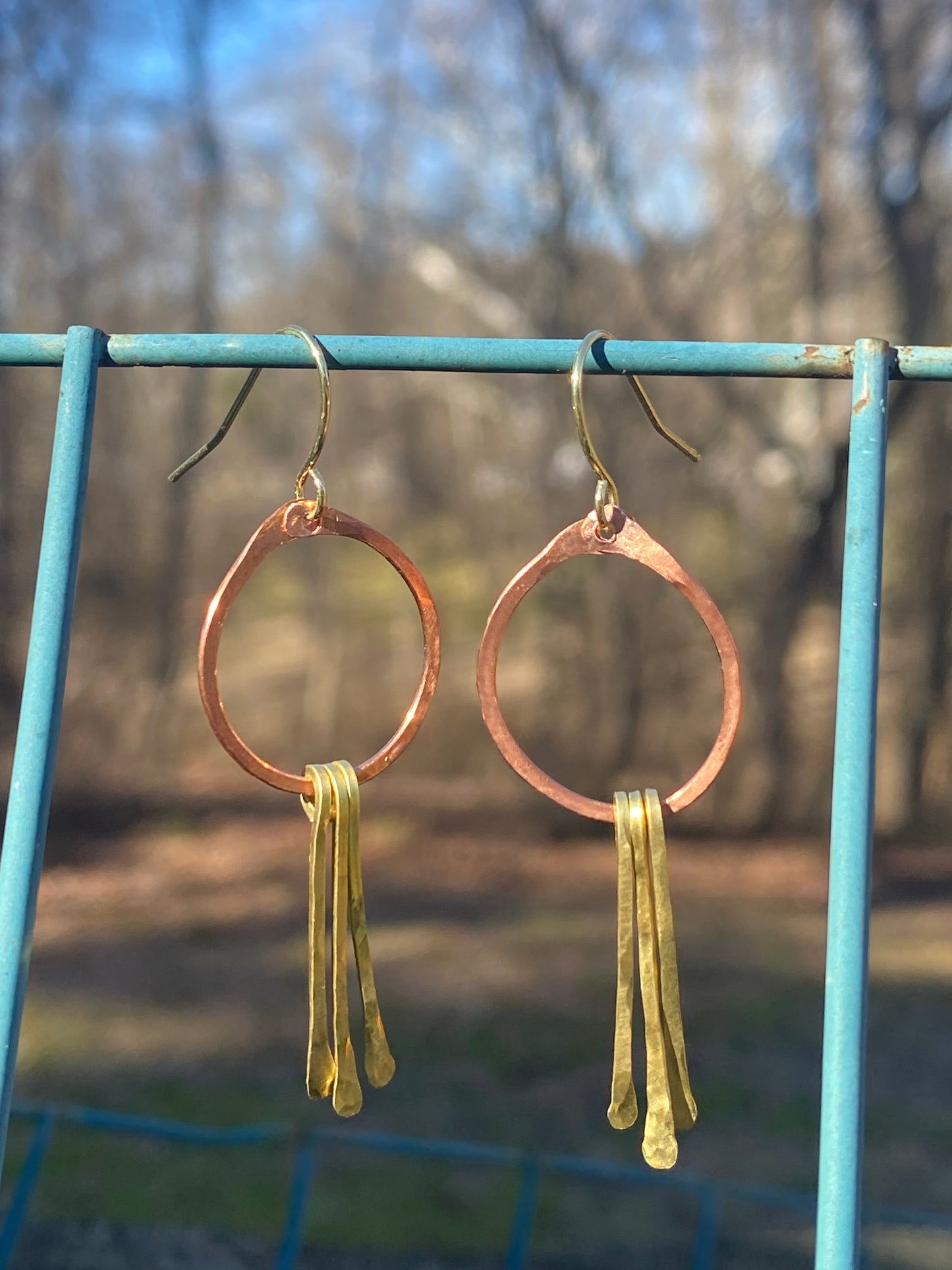 copper and brass dangle hoops
