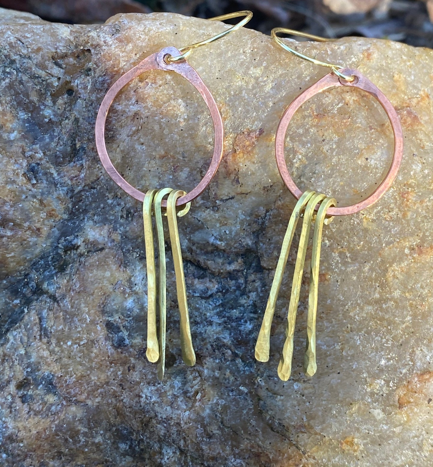 copper and brass dangle hoops