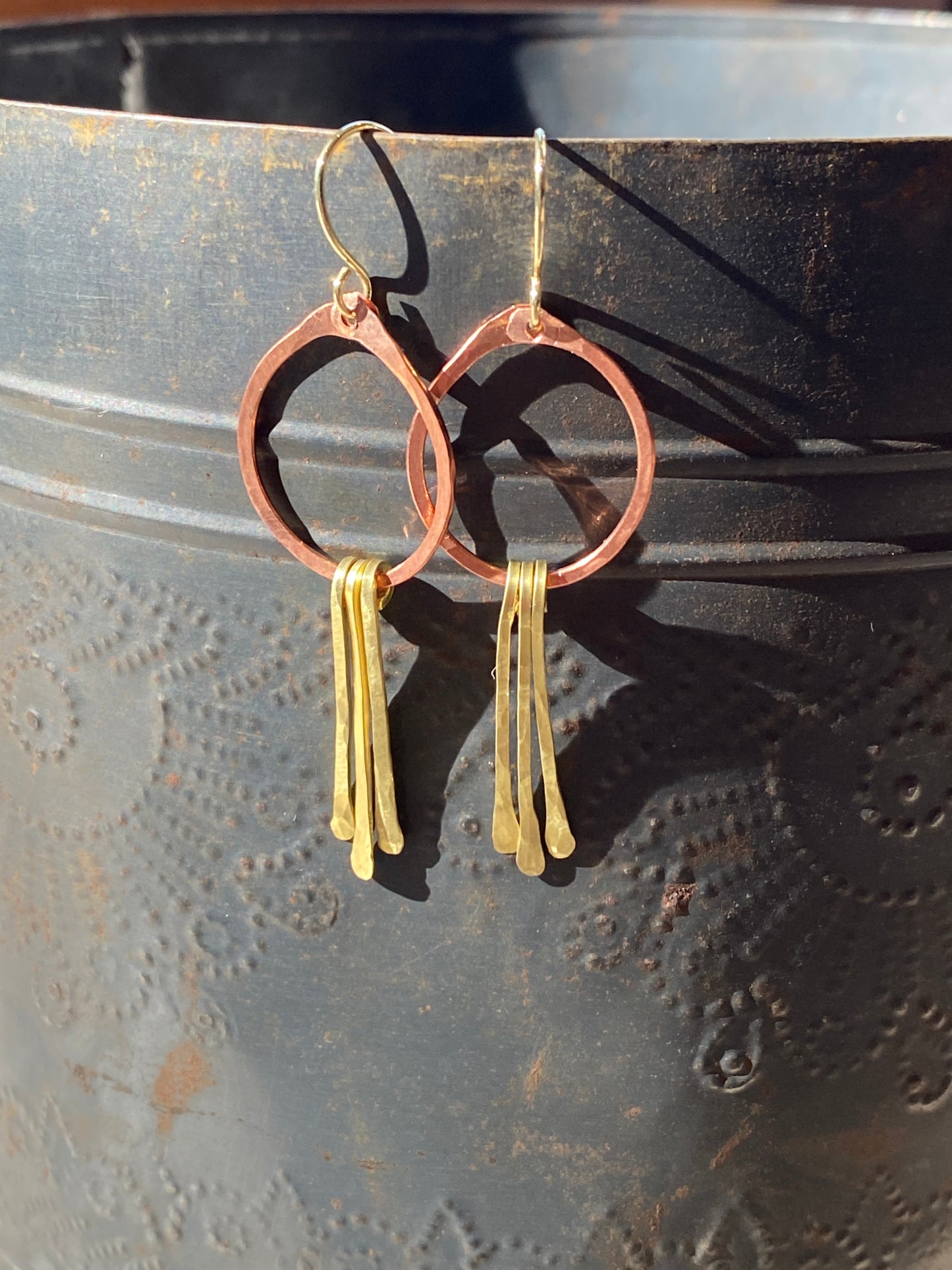 copper and brass dangle hoops