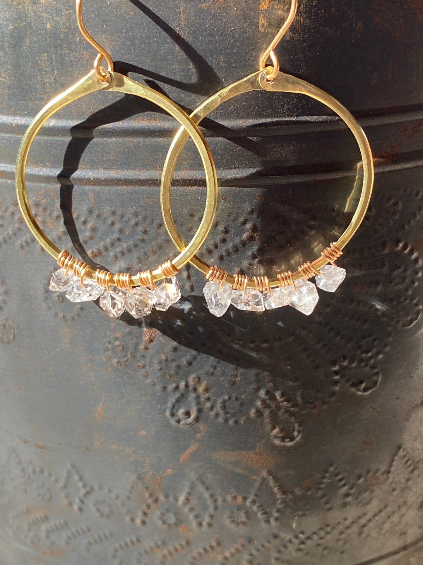 hammered brass hoops with Herkimer diamonds