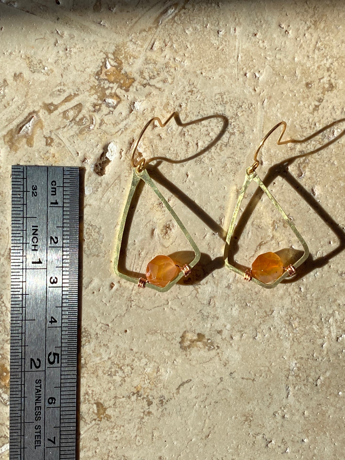 brass and sunstone geometric earrings