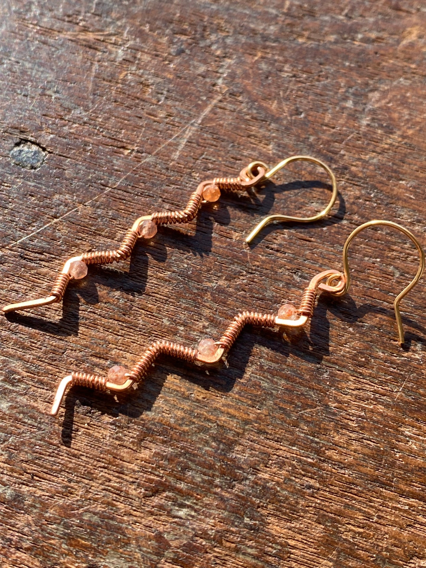 zigzag earrings in copper and sunstone