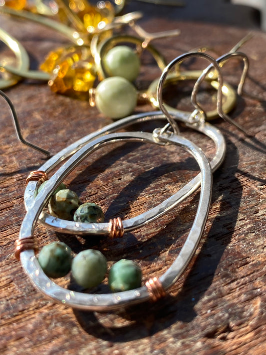 silver oval hoops with African turquoise