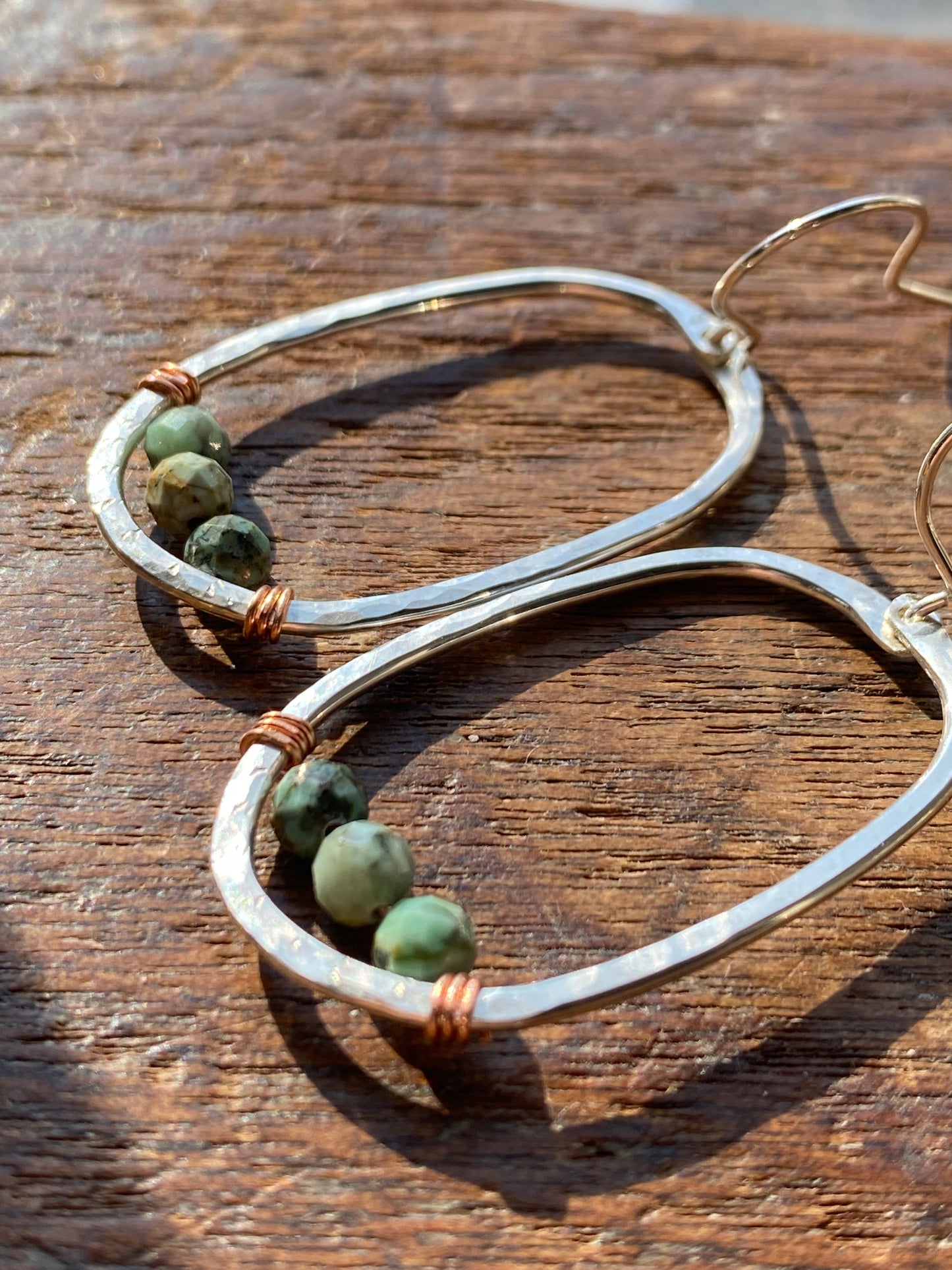 silver oval hoops with African turquoise