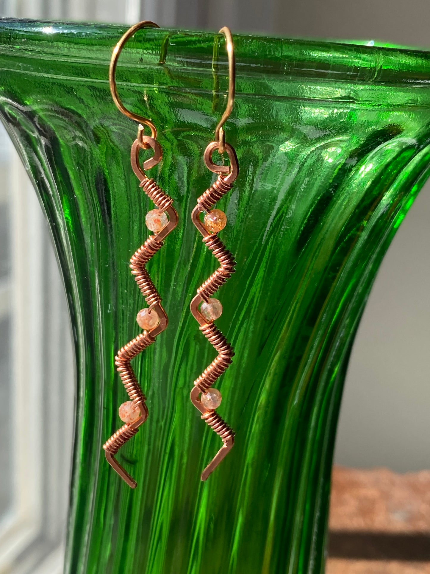 zigzag earrings in copper and sunstone