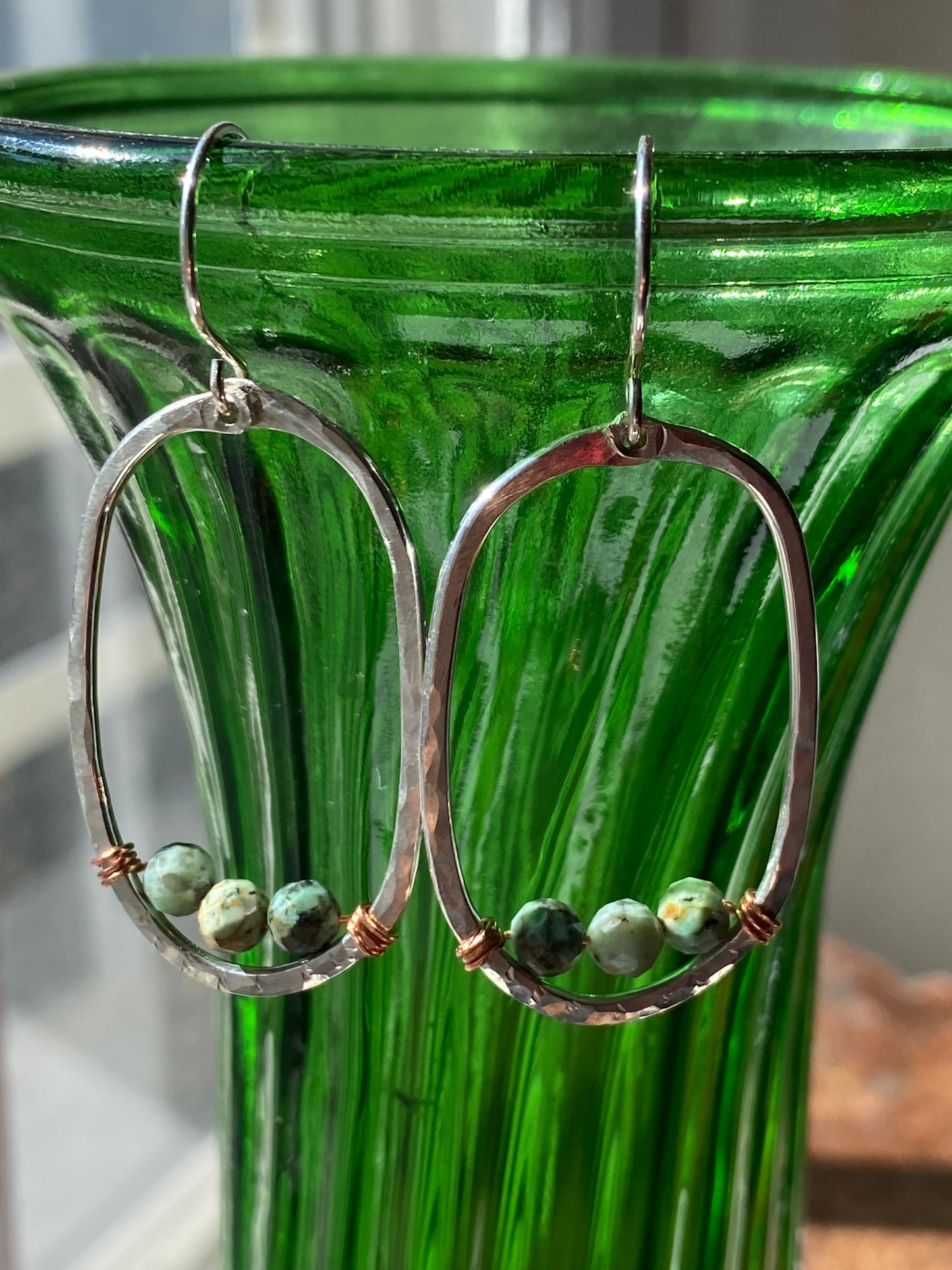 silver oval hoops with African turquoise