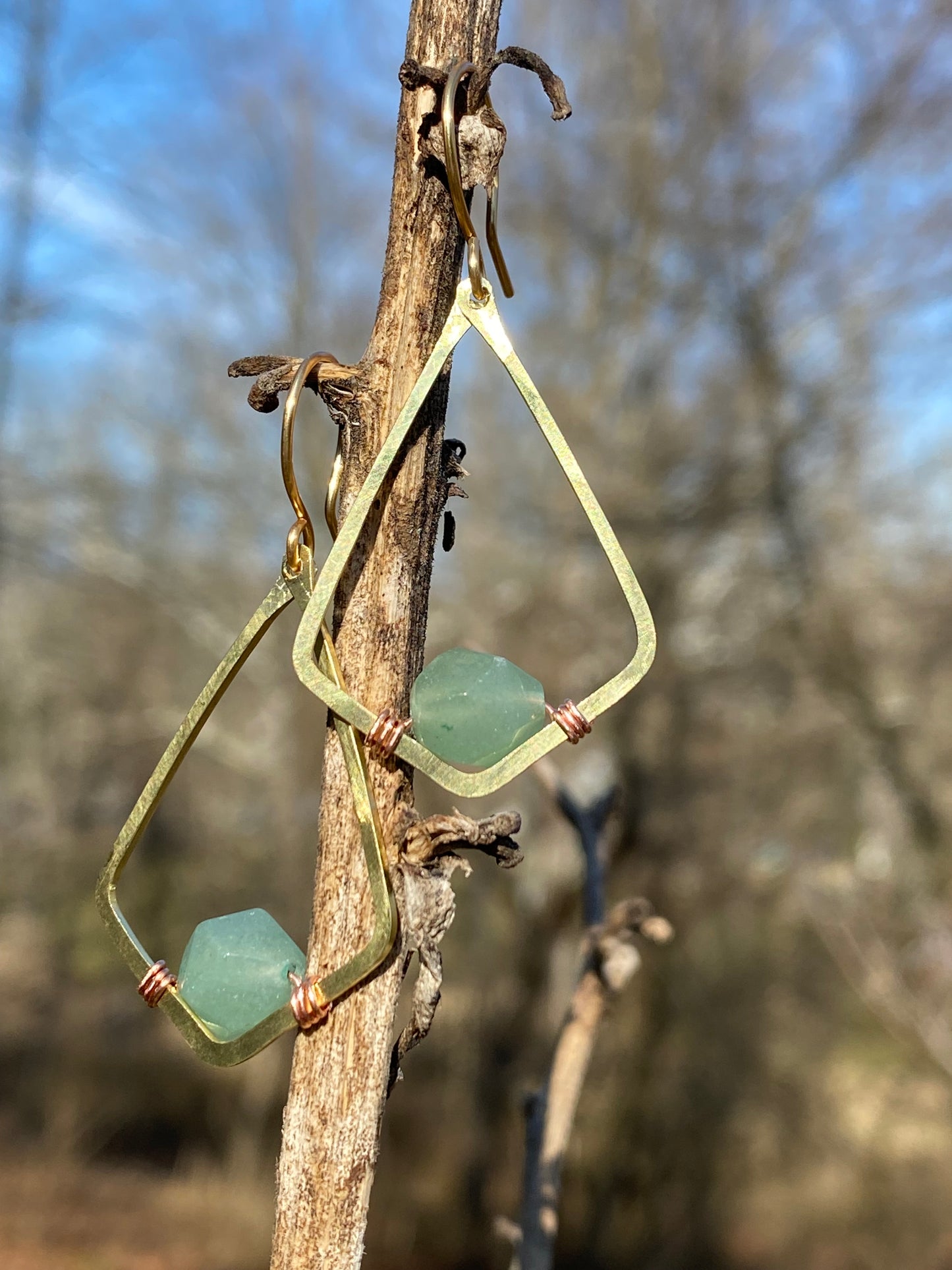 brass and green aventurine geometric earrings