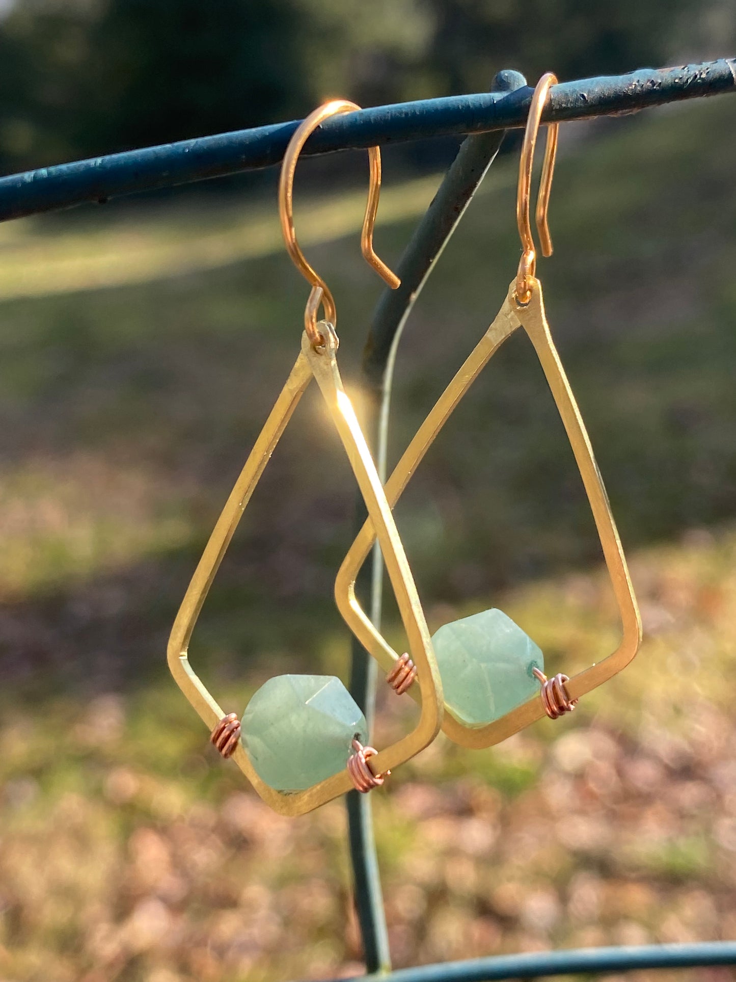 brass and green aventurine geometric earrings