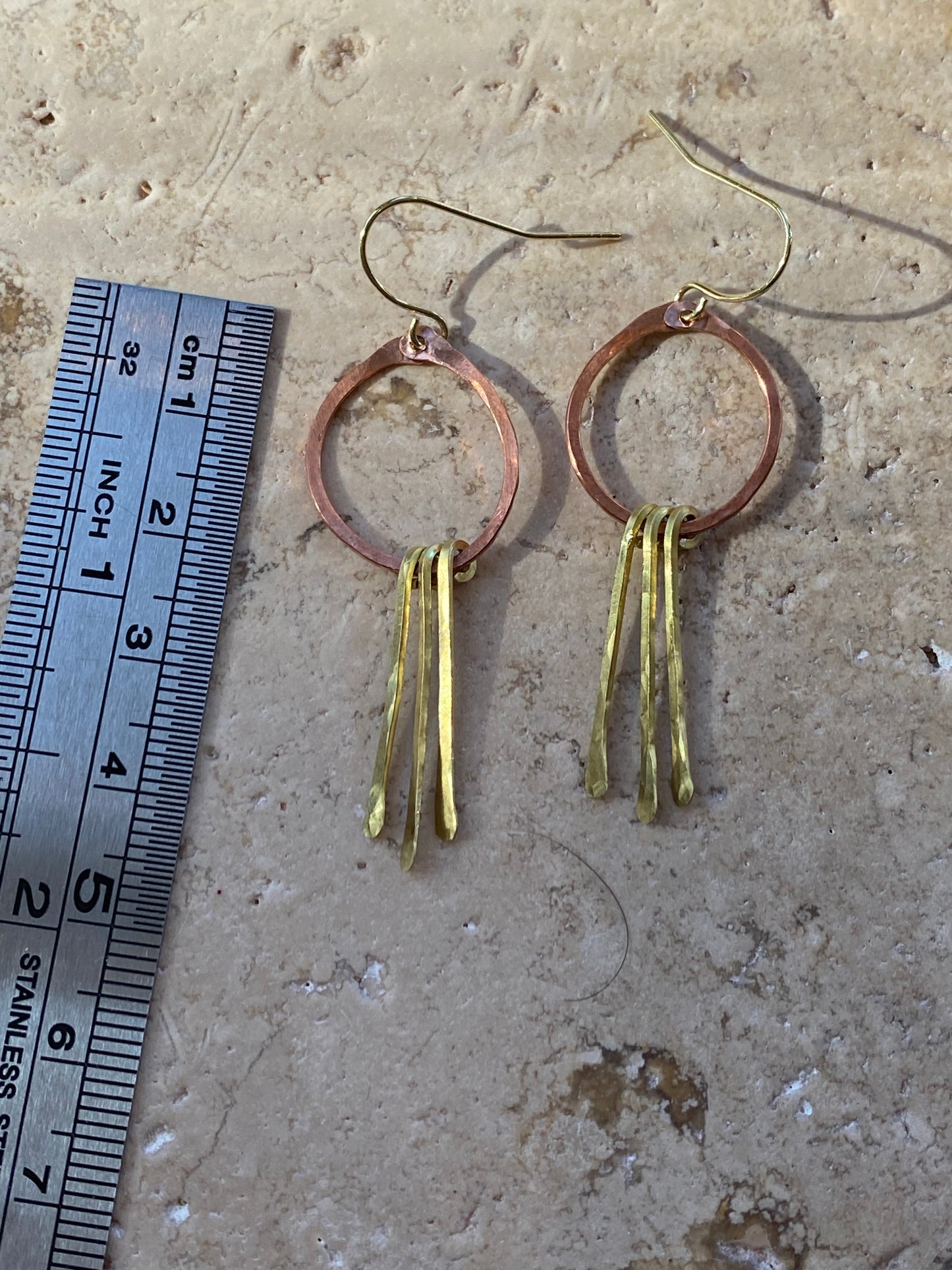 copper and brass dangle hoops