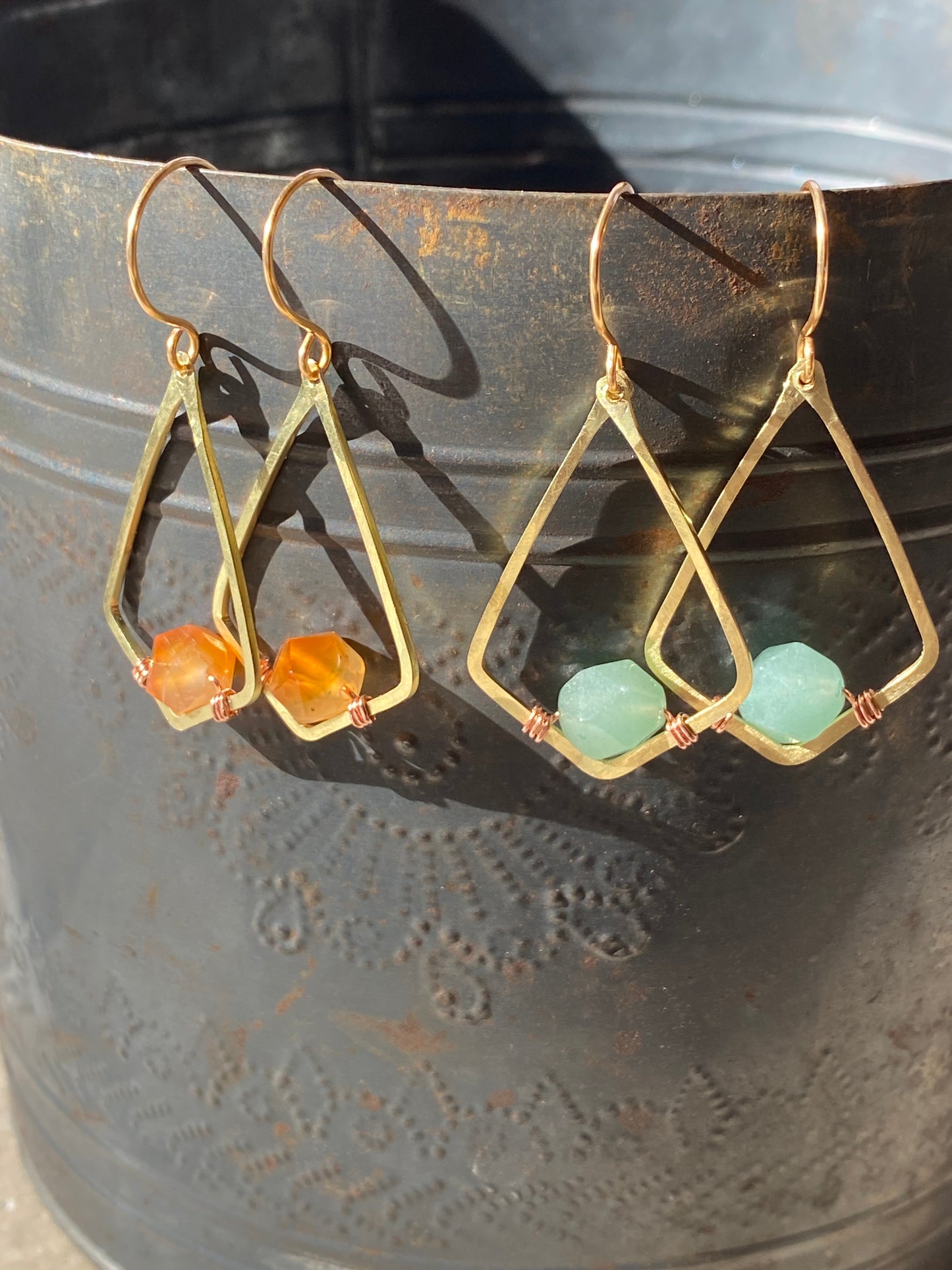 brass and green aventurine geometric earrings