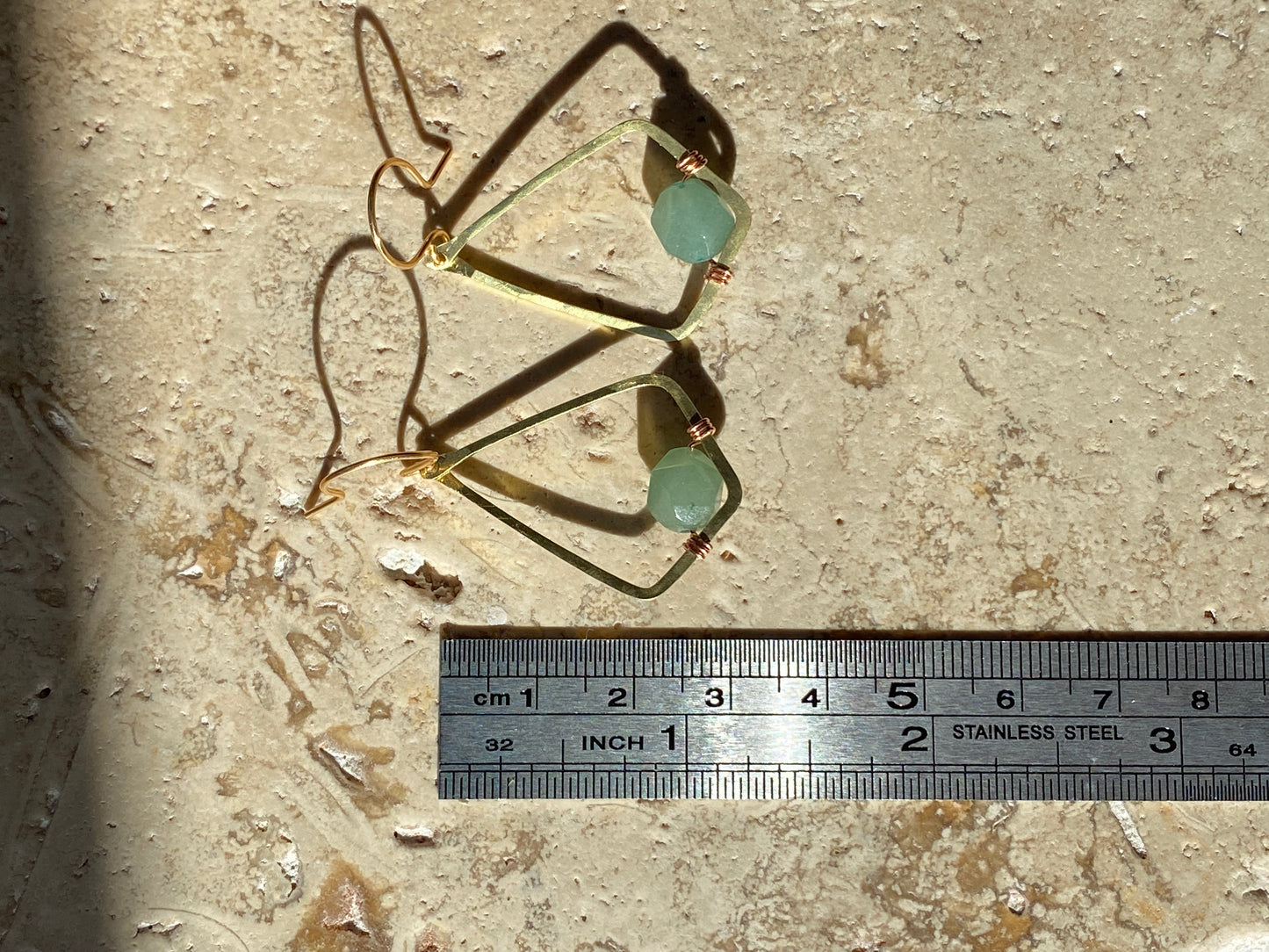 brass and green aventurine geometric earrings