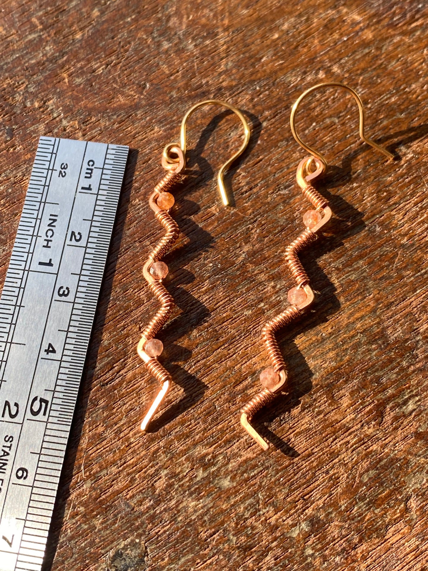 zigzag earrings in copper and sunstone