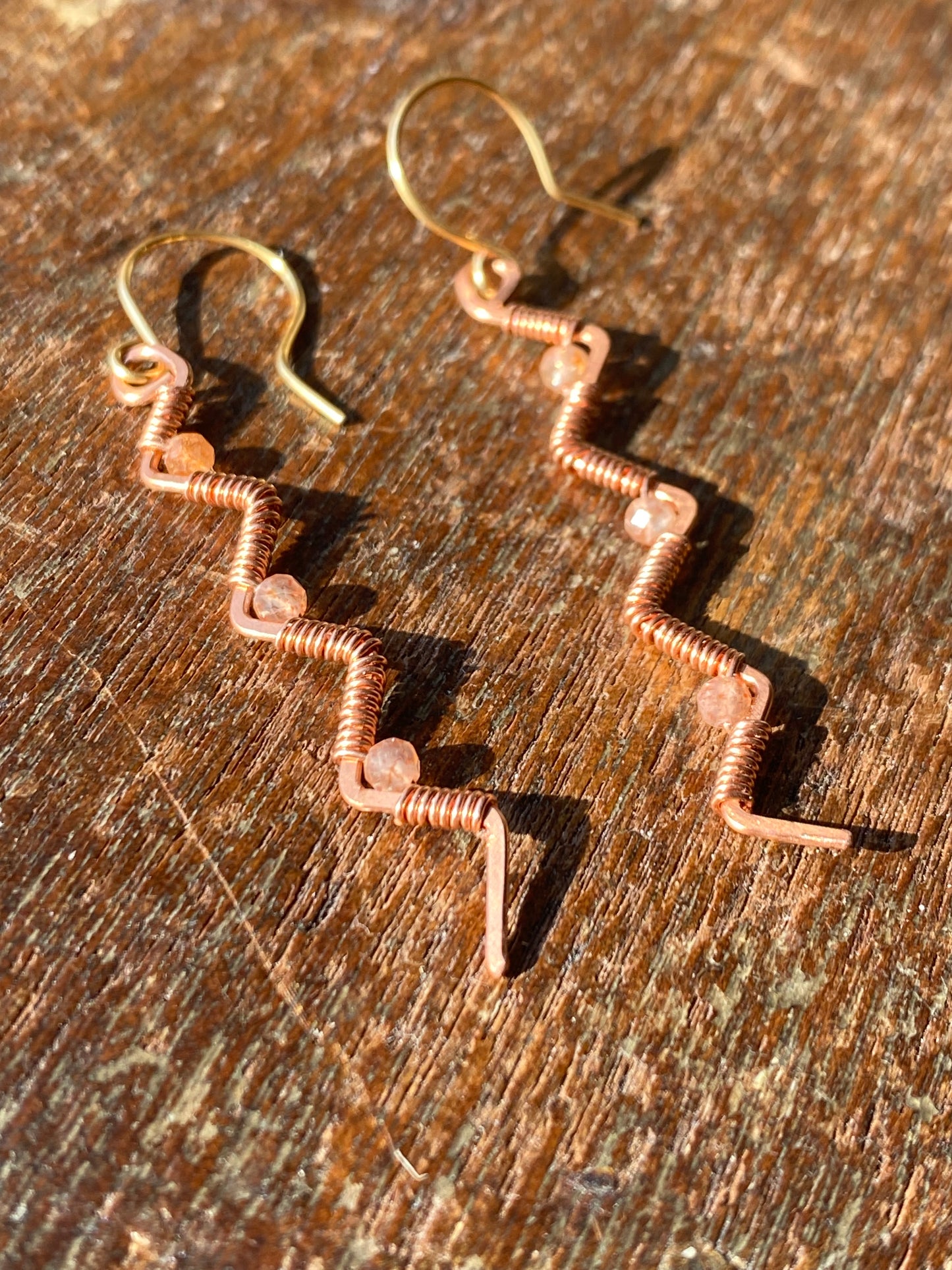 zigzag earrings in copper and sunstone